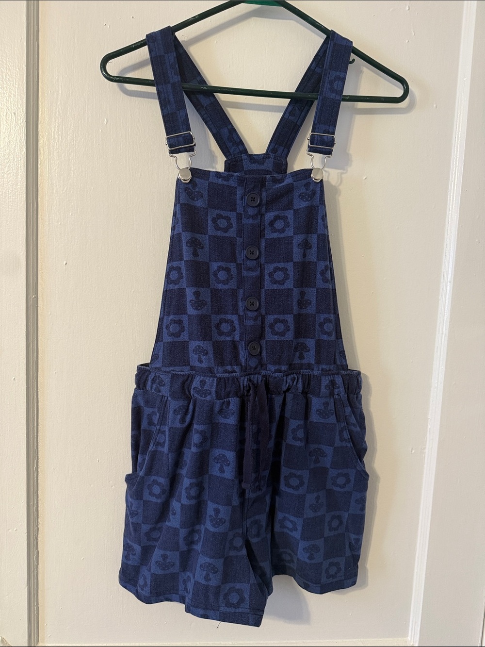 Navy Blue Check Floral Mushroom Overalls/Romper